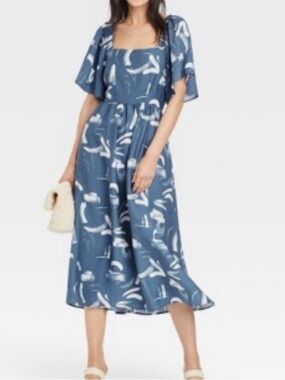A New Day" women's blue and white patterned long dress Square-Neck Midi Dress